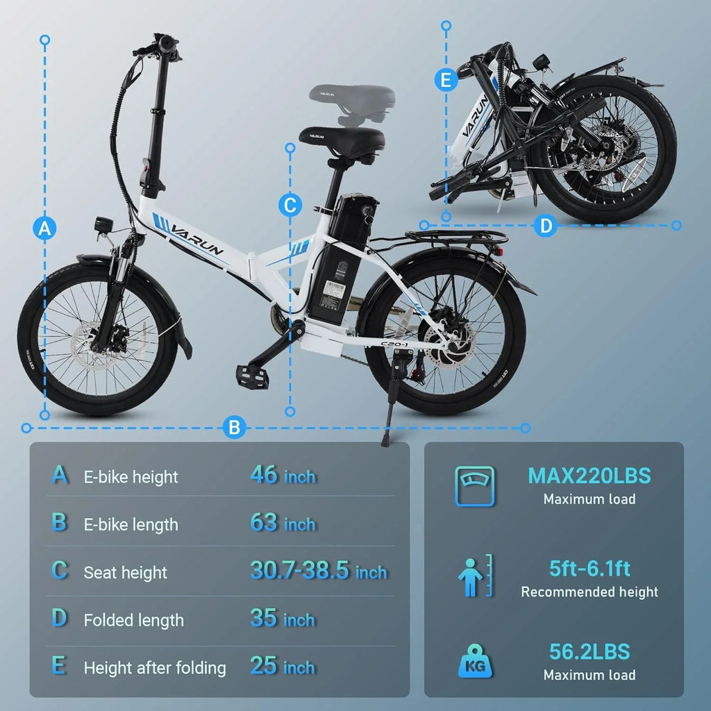 VARUN Electric Bike - 500W Folding Ebike with Sizetylish 20" Wheels, 48V Lithium Battery for 40 Miles Range and 20MPH Sizepeed