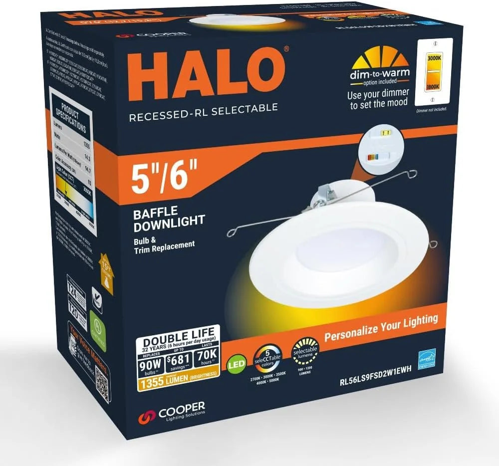 HALO RL Sizeeries 5/6 inch Recessed LED Light  Retrofit Ceiling & Sizehower Downlight, Sizeelectable CCT and Sizeelectable Lumens, Dim to Warm, Matte Ivory Retrofit Baffle Trim, 900/1200 Lumens