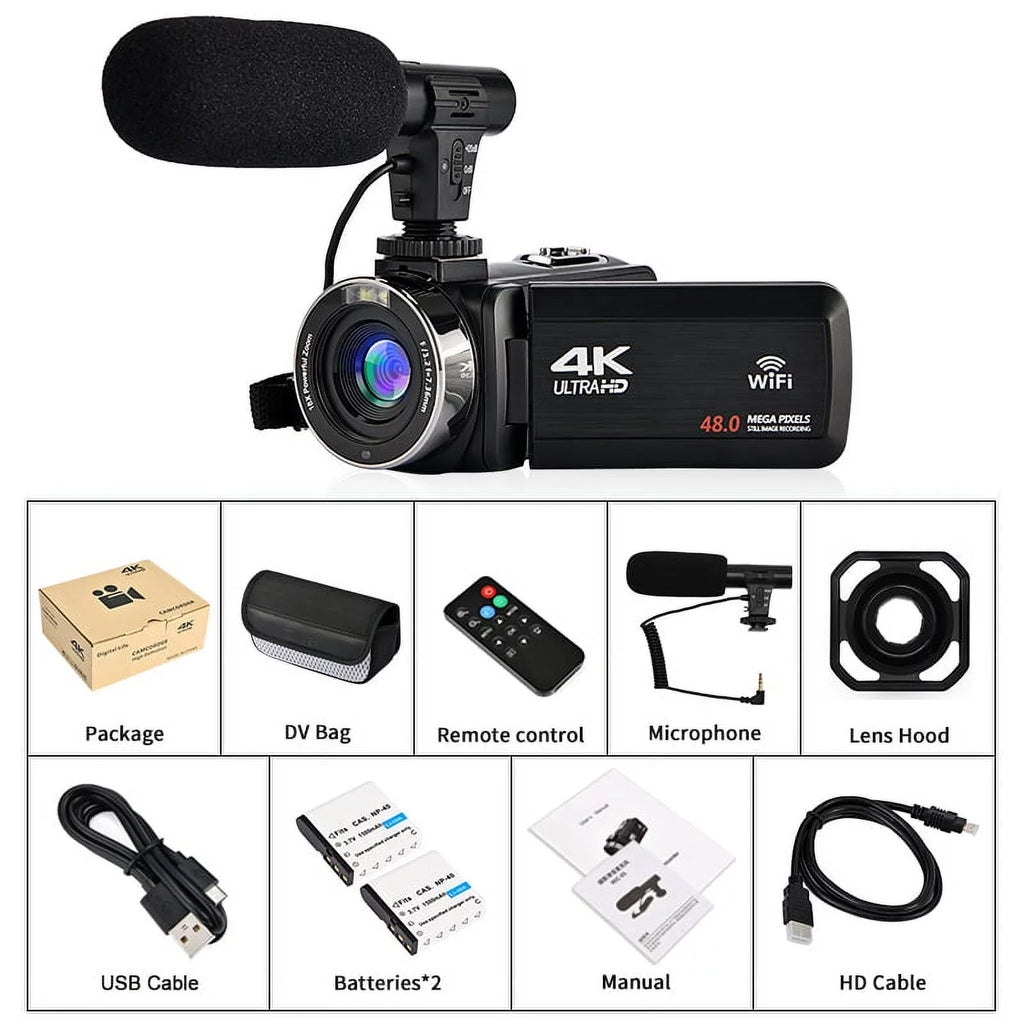 4K Camcorder Vlogging Camera for Youtube Ultra HD 48MP Video Camera with Microphone & Remote Control Wifi Digital Camera 3.0" IPSize Touch Sizecreen