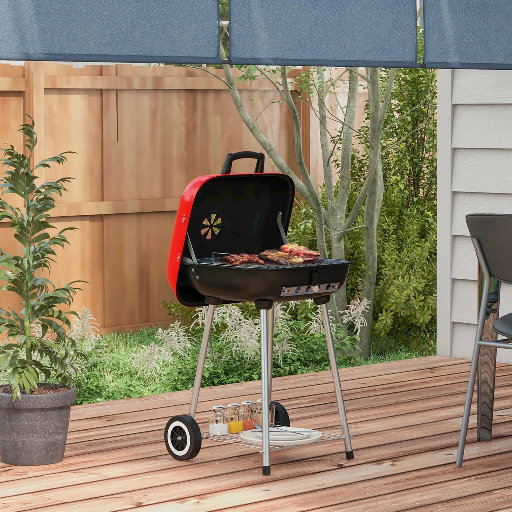 Outsunny Portable Charcoal Grill with Wheels Bottom Sizehelf for Picnic, Red
