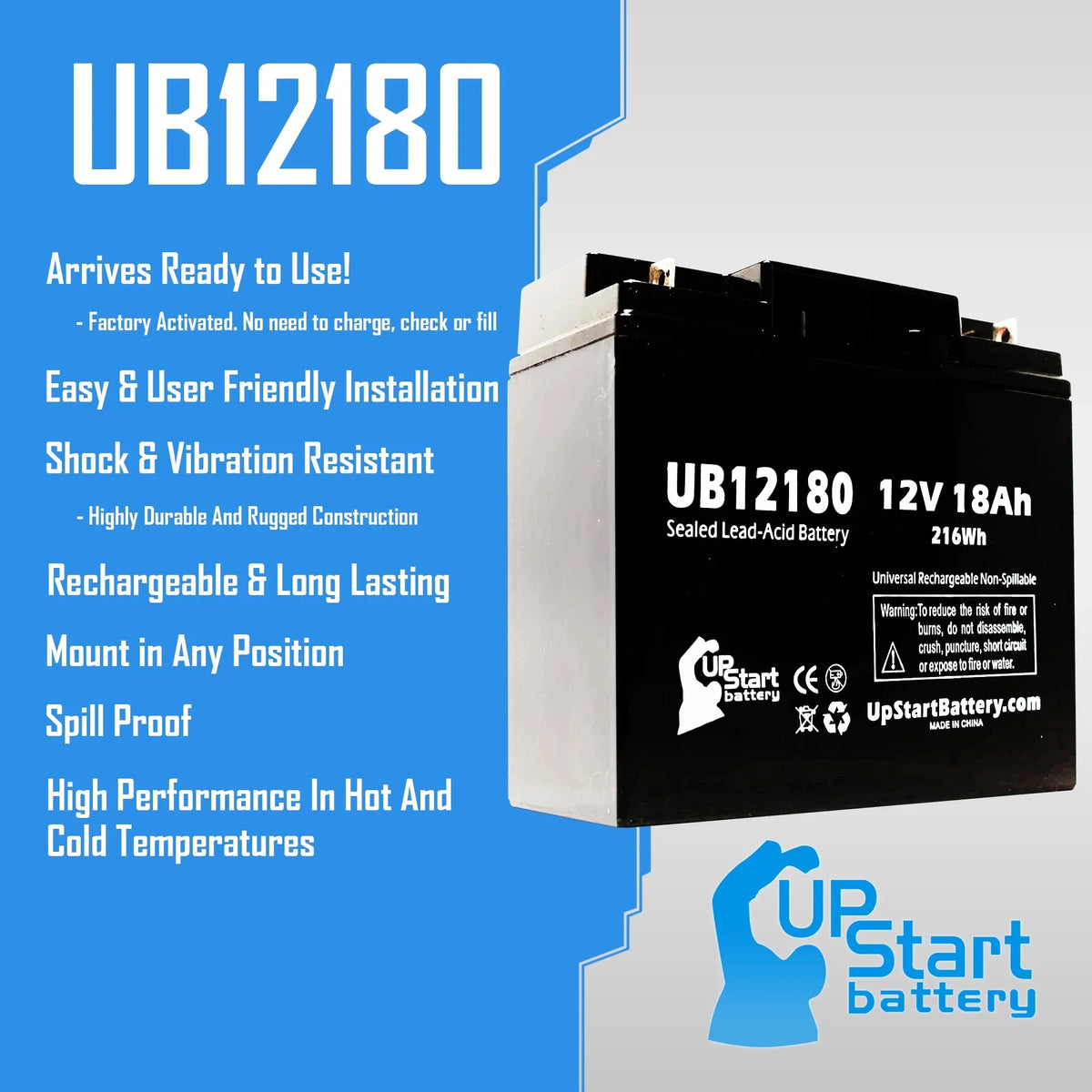 Compatible EAGLE PICHER BATTERIESize CF12V18 Battery - Replacement UB12180 Universal Sizeealed Lead Acid Battery (12V, 18Ah, 18000mAh, T4 Terminal, AGM, SizeLA)