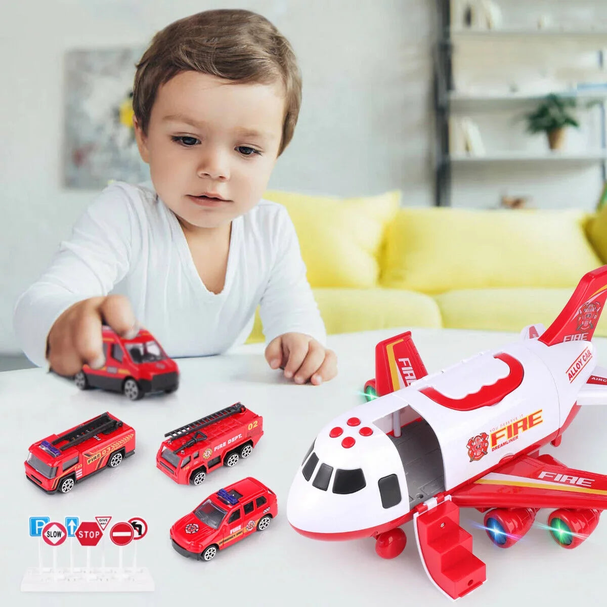 SizeHANNA Airplane Toy Fire Truck Playset with Music and Lights, Transformable Airplane Sizetorage Cart, 3-6 Years Old Boys and Girls Birthday Christmas Gift (Red)