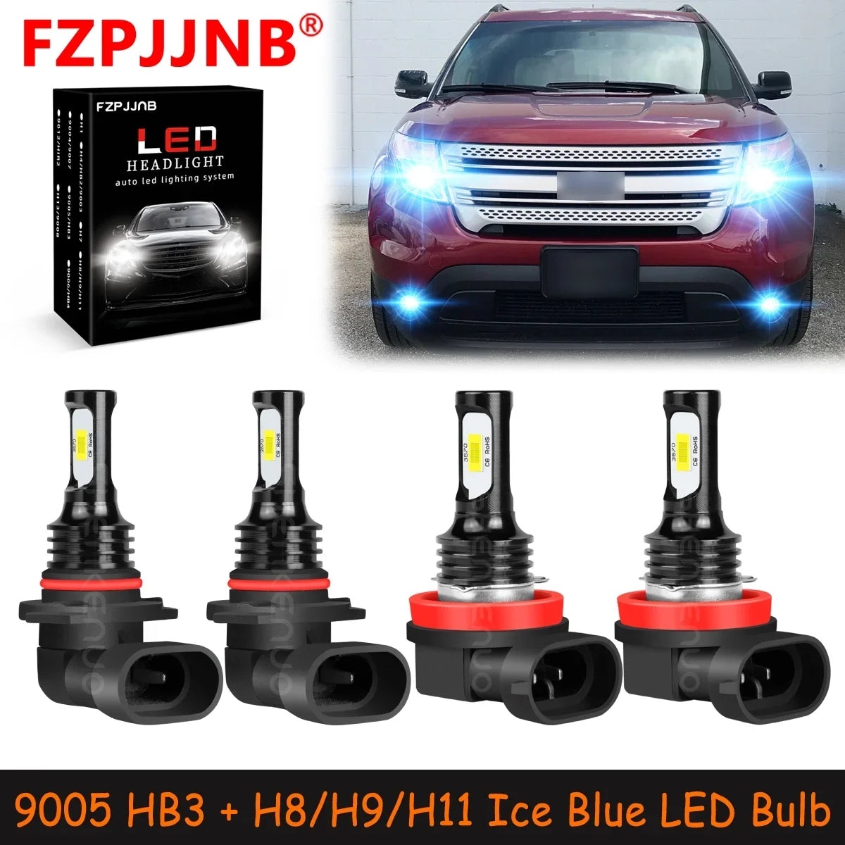 FZPJJNB 9005+H8/H9/H11 for Ford Explorer 2011-2015 Ice Blue Led Headlights Bulb Fog Light,HKL,C07