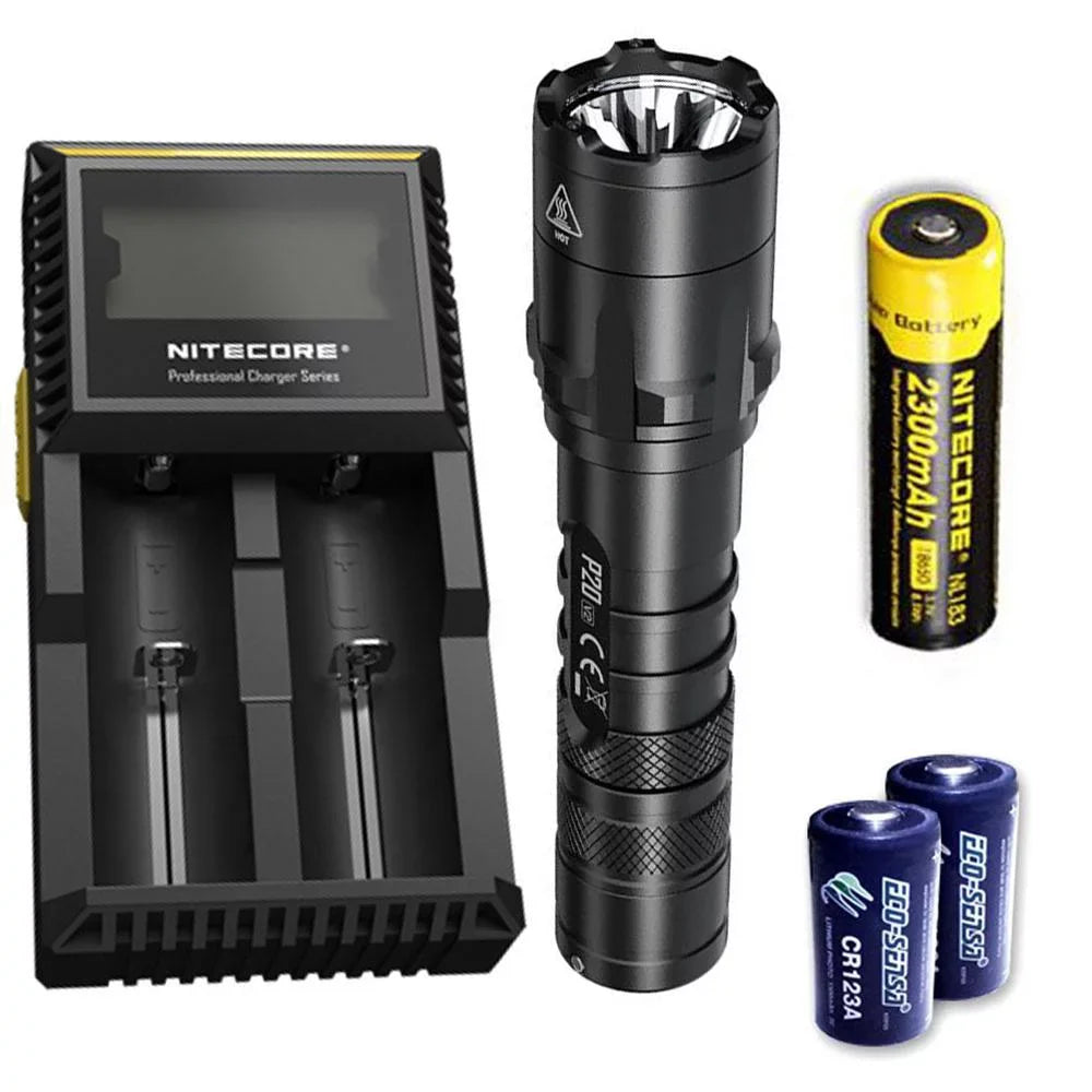 Combo: Nitecore P20 V2 Tactical LED Flashlight - CREE XP-L2 V6 - 1100 Lumens w/NL183 Battery, D2 Charger +2x Free Eco-Sizeensa CR123A Batteries