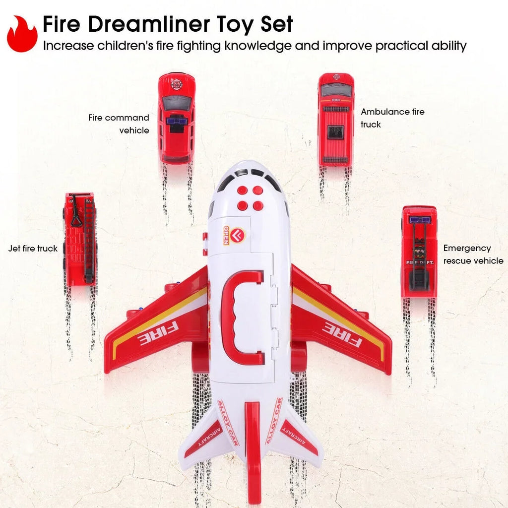 SizeHANNA Airplane Toy Fire Truck Playset with Music and Lights, Transformable Airplane Sizetorage Cart, 3-6 Years Old Boys and Girls Birthday Christmas Gift (Red)