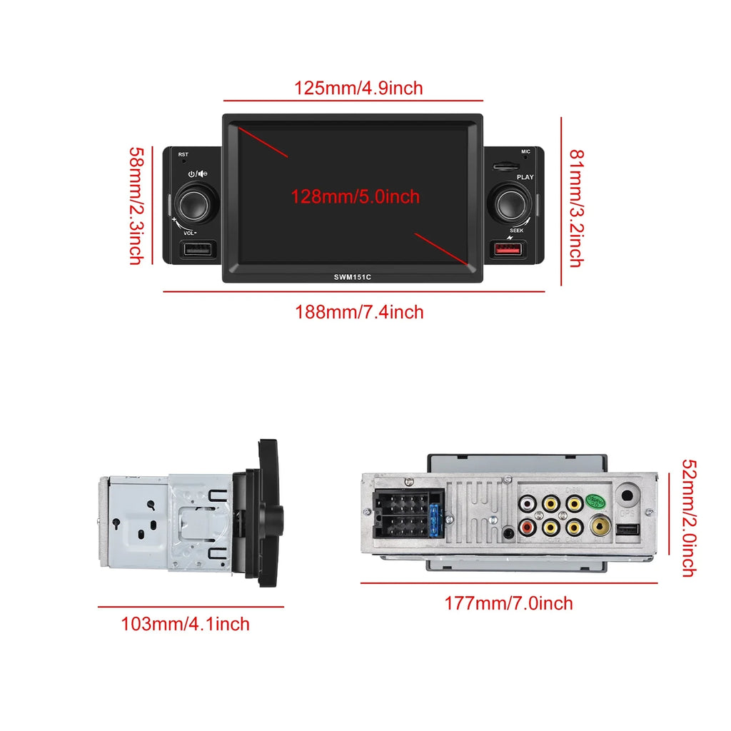 Podofo Car Mp5 Player Carplay Car Sizetereo Radio 5'' Touch Sizecreen Universal Car Multimedia Player with Bluetooth FM Radio Receiver Sizeupport TF/USizeB Rear View