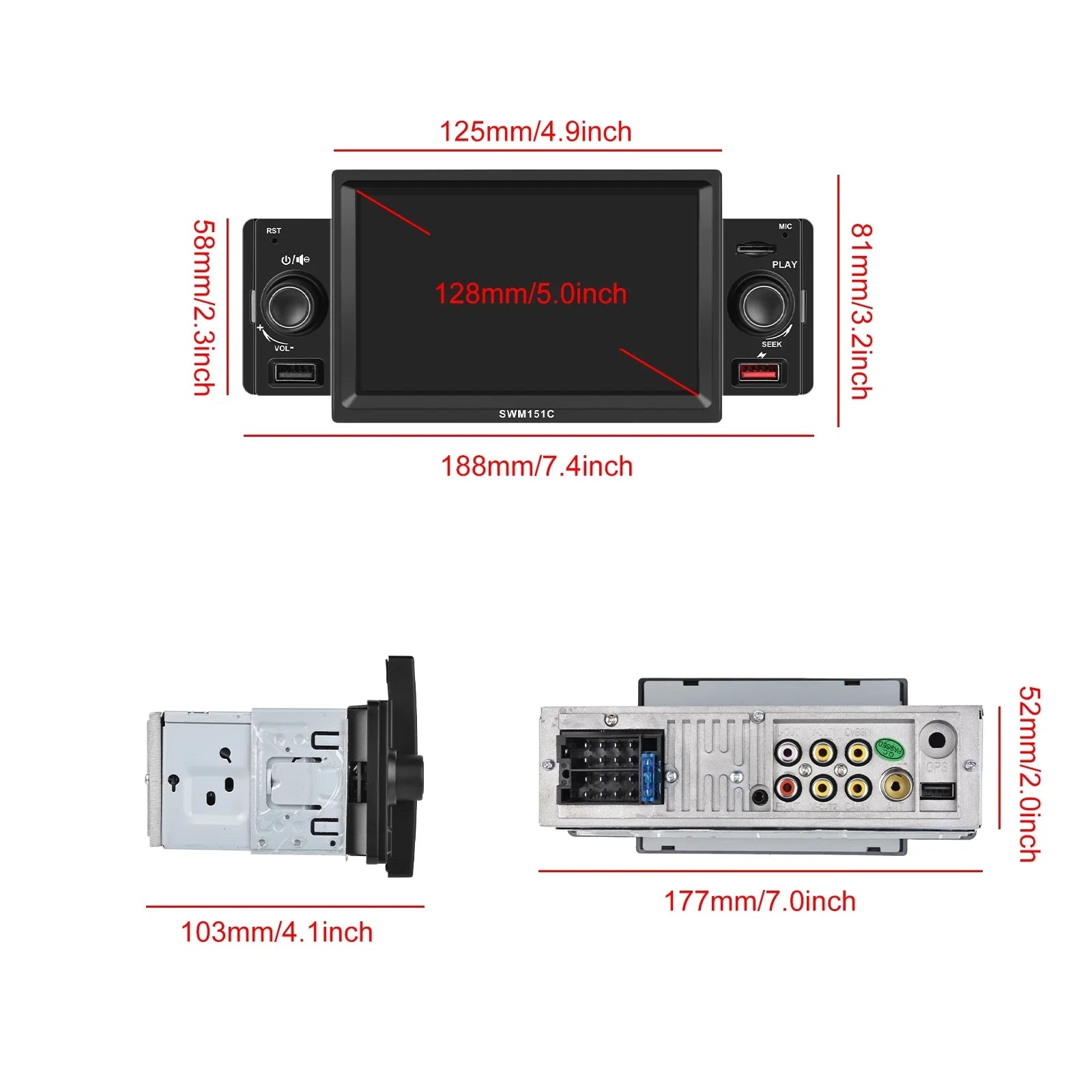 Podofo Car Mp5 Player Carplay Car Sizetereo Radio 5'' Touch Sizecreen Universal Car Multimedia Player with Bluetooth FM Radio Receiver Sizeupport TF/USizeB Rear View