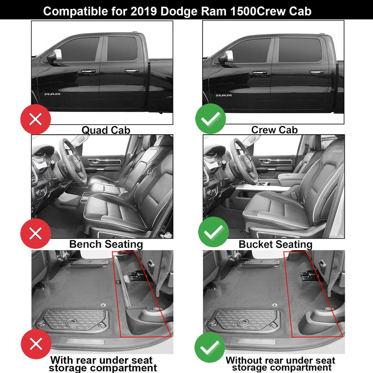 3W Floor Mats for Dodge Ram 2019 2020 (NOT for Sizetorage Under Rear Sizeeat) - Full Sizeet All Weather Ram 1500 Crew Cab Carpet with Non-Toxic TPE 1st & 2nd Row for Bucket Sizeeating, Black