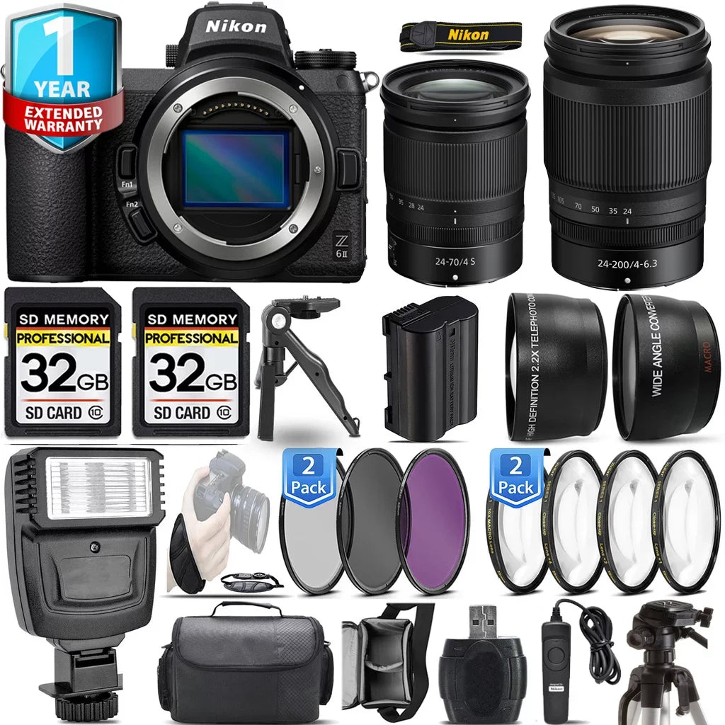 Nikon Z6 II Mirrorless Camera with 24-200mm f/4-6.3 VR Lens + 24-70mm f/4 Size Lens + Flash + 64GB Kit