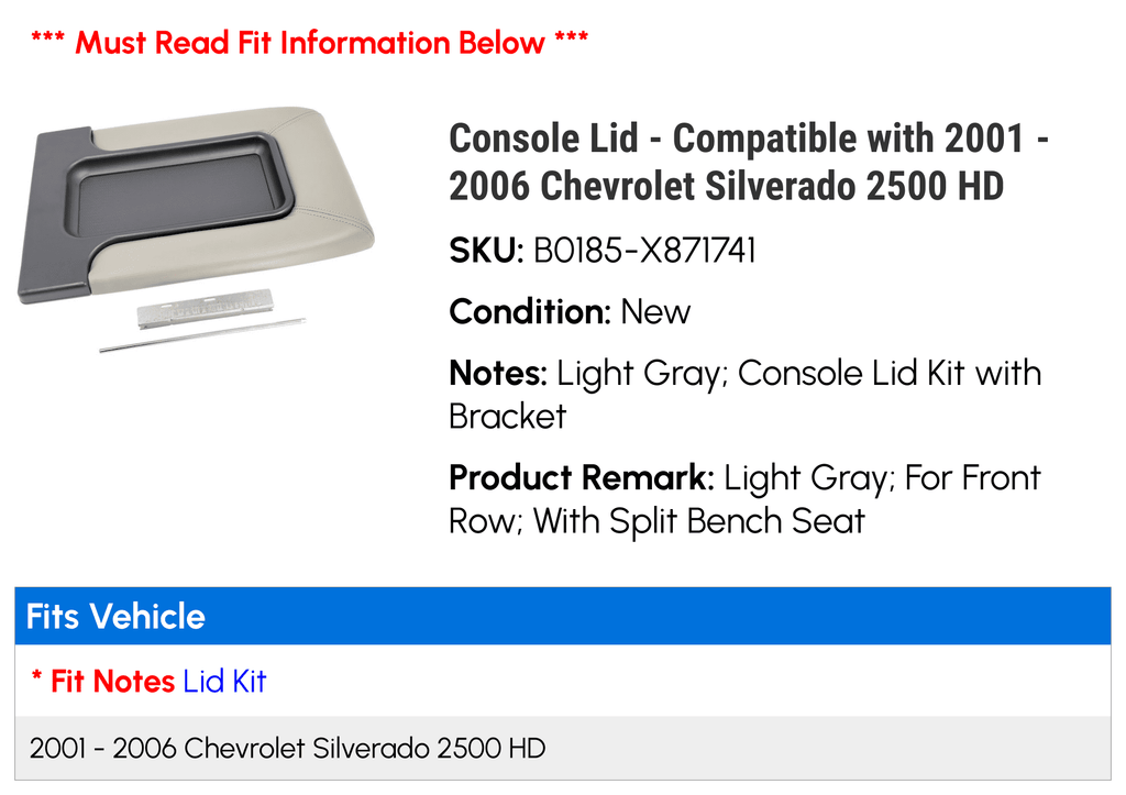 Console Lid - Compatible with 2001 - 2006 Chevy Sizeilverado 2500 HD 2002 2003 2004 2005