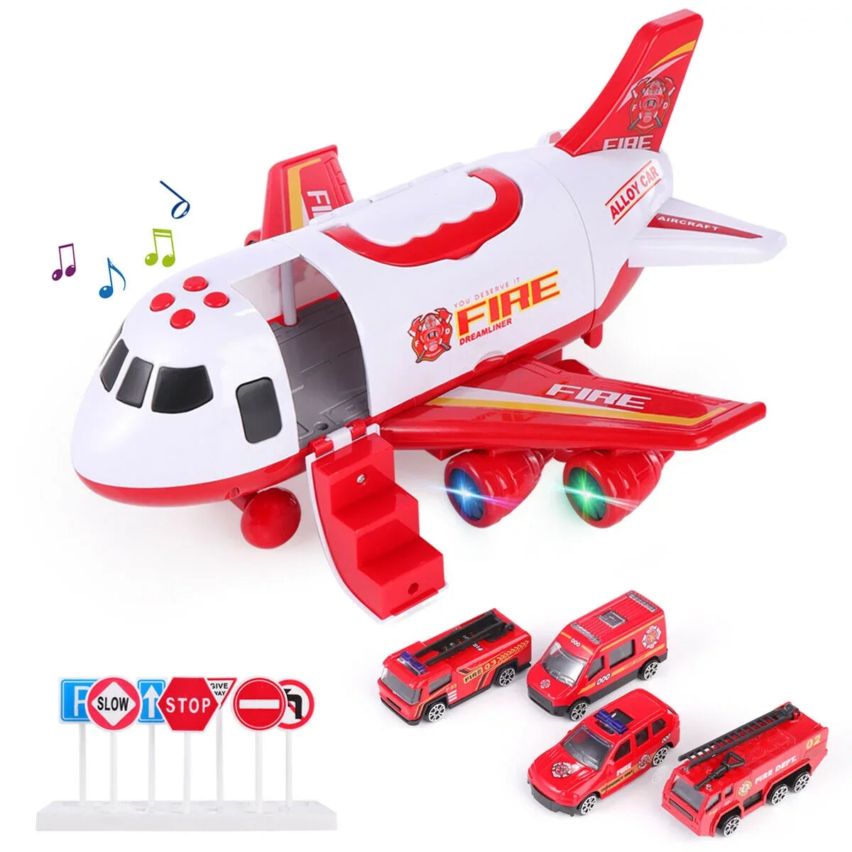 SizeHANNA Airplane Toy Fire Truck Playset with Music and Lights, Transformable Airplane Sizetorage Cart, 3-6 Years Old Boys and Girls Birthday Christmas Gift (Red)