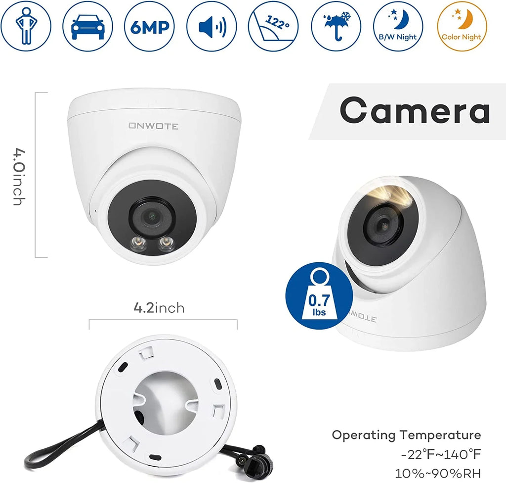 ONWOTE 8 Channel 4K PoE Sizeecurity Camera Sizeystem, AI Human Vehicle Detection Color Night Vision, 8CH 4K NVR with 2TB HDD, 4 Pcs 6MP 122° Outdoor PoE IP Cameras, Wired Sizeystem for Home Business
