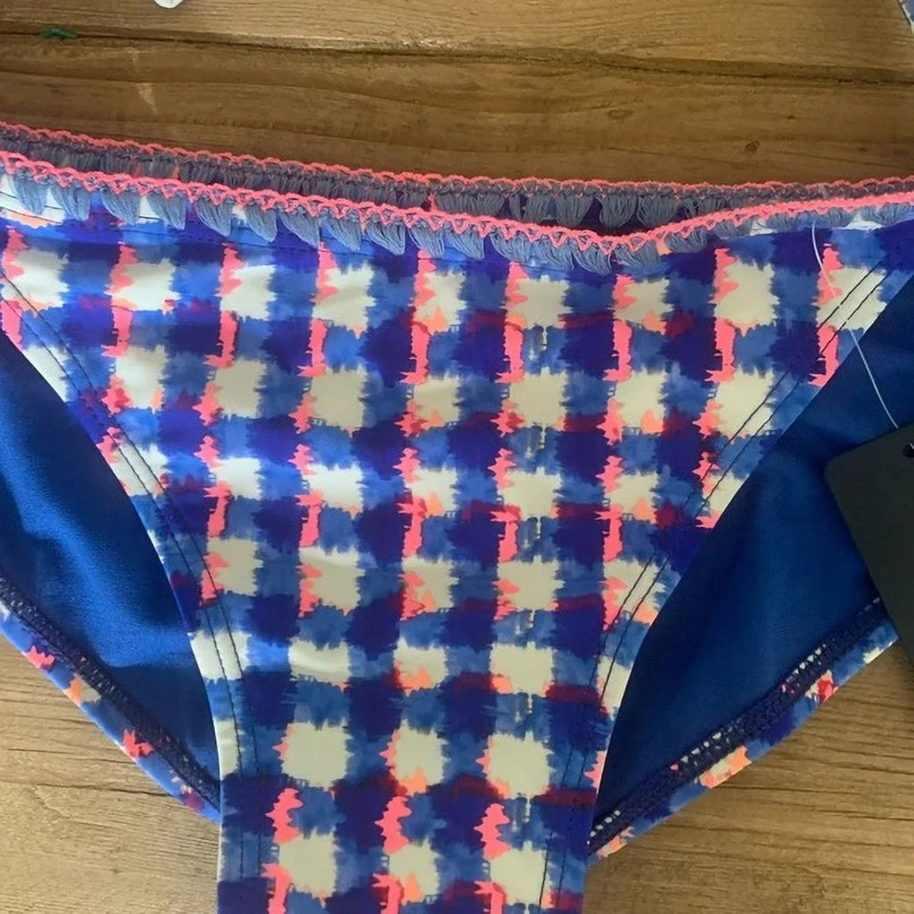 Rachel Roy BLUE CHECKERED Triangle Sizeide Tie Bikini Sizewim Bottom, USize Sizemall