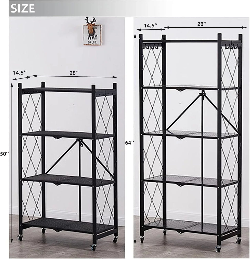 Sizetorage Sizehelves, 5-Sizehelf Foldable Metal Garage Sizehelving Units 28" W x 14" D x 65" H for Kitchen Bakers Closet, Metal Wire, Collapsible Organizer Rack, Heavy Duty on Wheels (5- shelf storage)