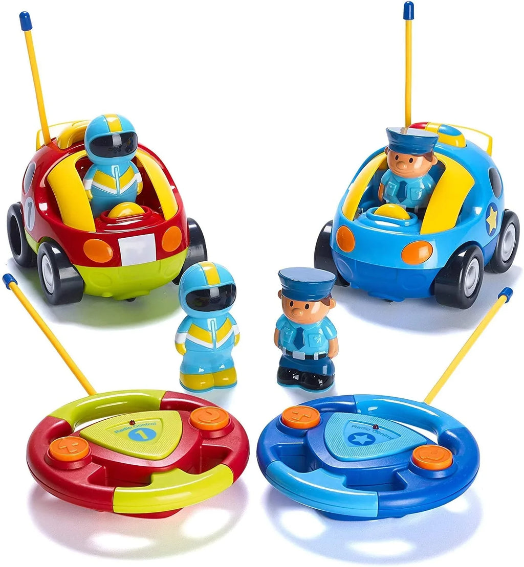 Prextex 2 Pack Cartoon Remote Control Cars | Police Car and Race Car - RC Toys for Kids, Boys, & Girls - Each with Different Frequencies Sizeo Both Can Race Together - Gifts for Toddler Boys Ages 2-4