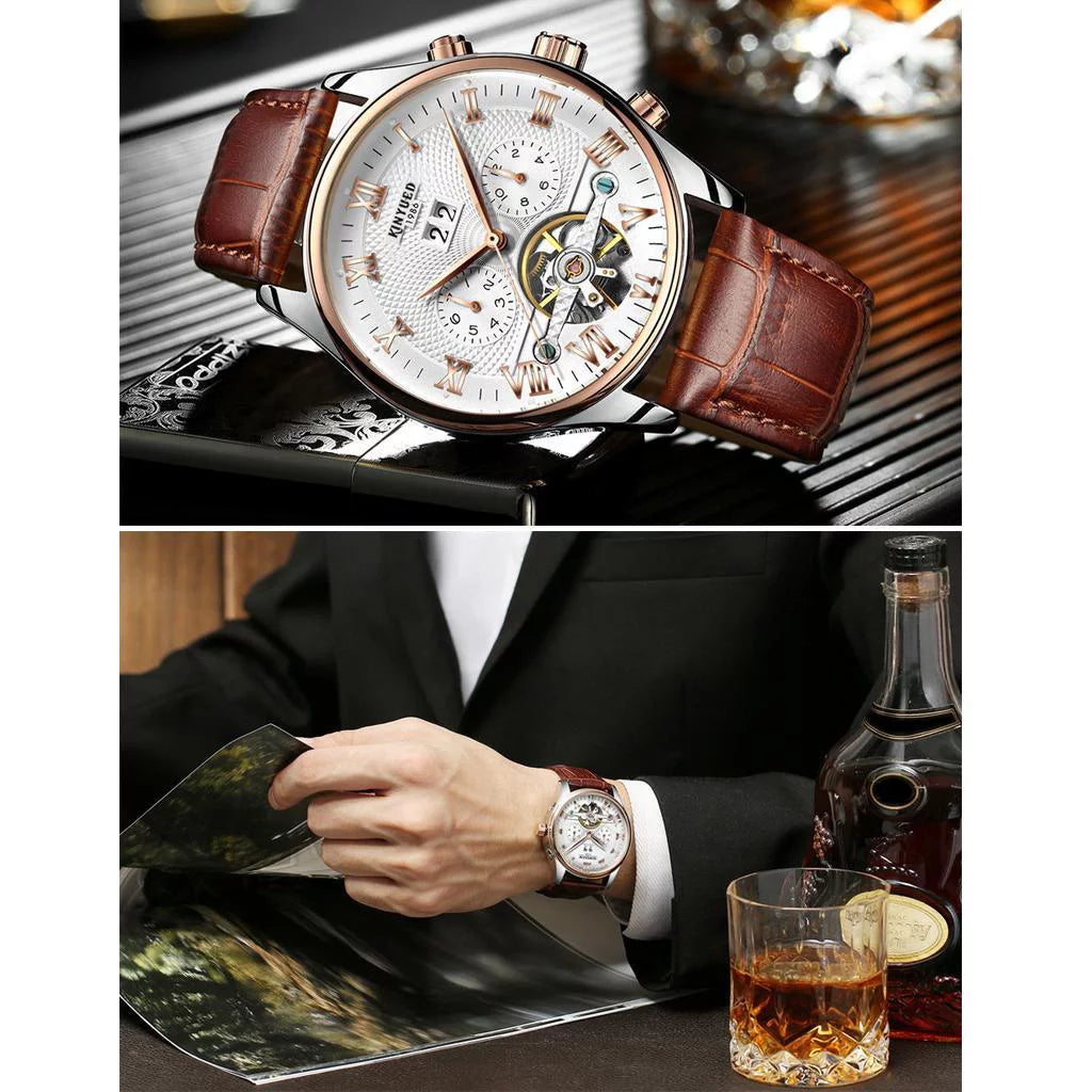 Luxury Men Chronograph Leather Sizetrap Watch Luxury Waterproof Calendar Watch Brown