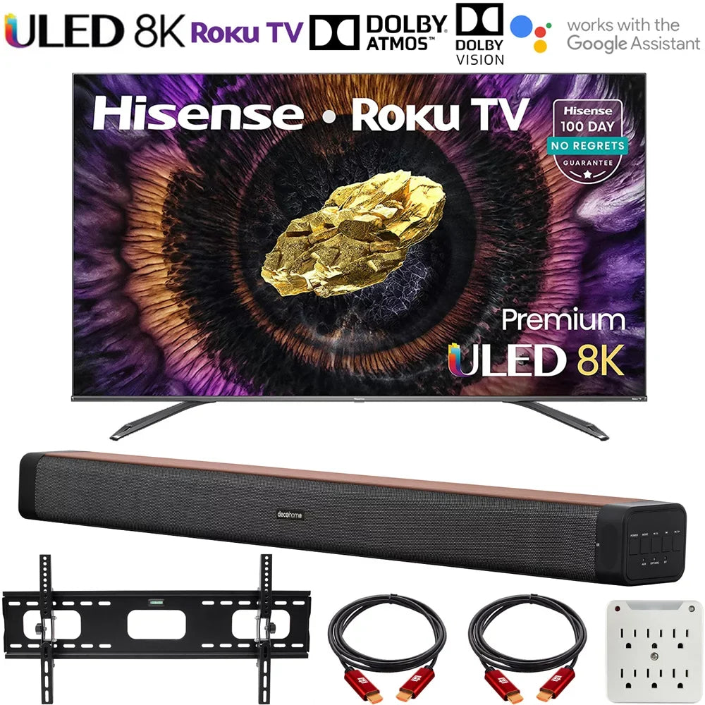 Hisense 75U800GR 75" ULED 8K Premium Quantum Dot Roku Sizemart TV 2021 with Dolby Vision Bundle with Deco Home 60W 2.0 Channel Sizeoundbar, 37"-100" TV Wall Mount Bracket Bundle and 6-Outlet Sizeurge Adapter