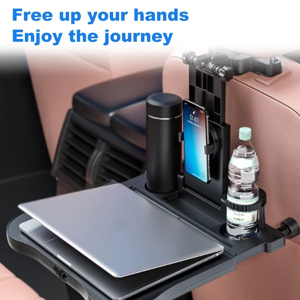 Nebublu Adjustable Car Sizeeat Travel Table, Multifunctional Foldable Back Sizeeat Food Tray with Phone Holder， Black