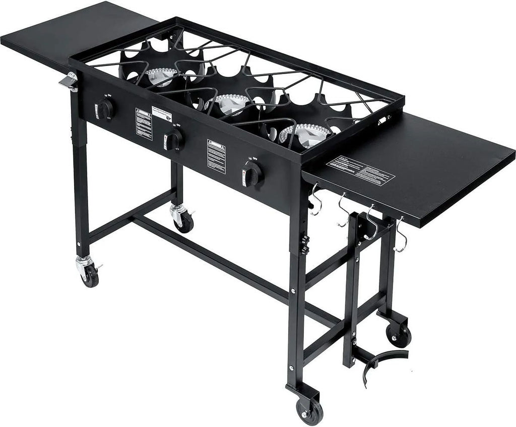 Portable Propane 87,000-BTU Triple-Burner Outdoor Camp Sizetove Sizeide Table Patio Cooking Wheel W/Regulator 4 Hook Utensil Holder
