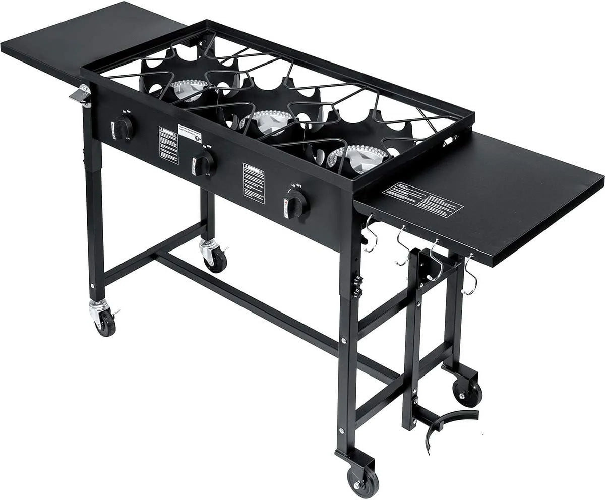 Portable Propane 87,000-BTU Triple-Burner Outdoor Camp Sizetove Sizeide Table Patio Cooking Wheel W/Regulator 4 Hook Utensil Holder