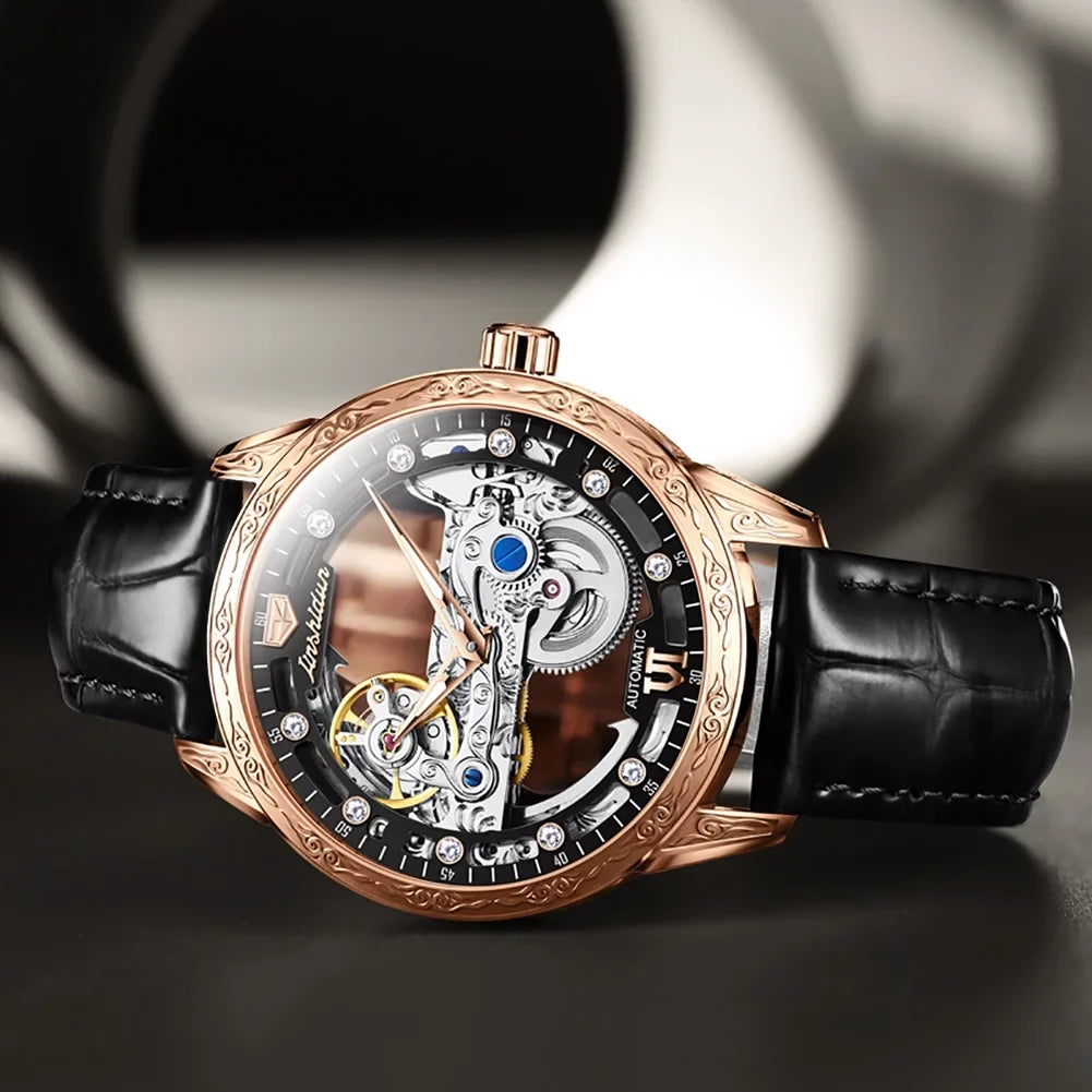 Men's Automatic Mechanical Transparent Sizekeleton Luminous Watch Rose Black