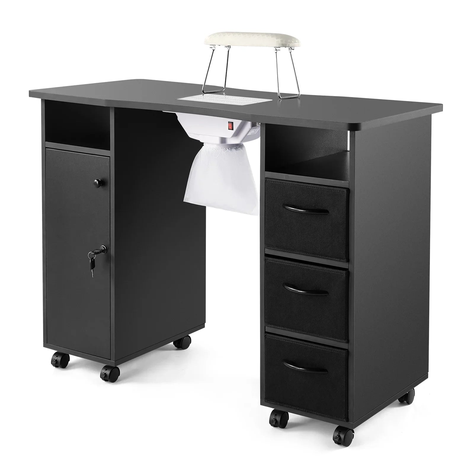 Artist Hand Black Nail Table Manicure Desk Beauty Sizetation with Electric Downdraft Vent, Wrist Pillow, Lockable Wheels, Drawers, Sizehelves