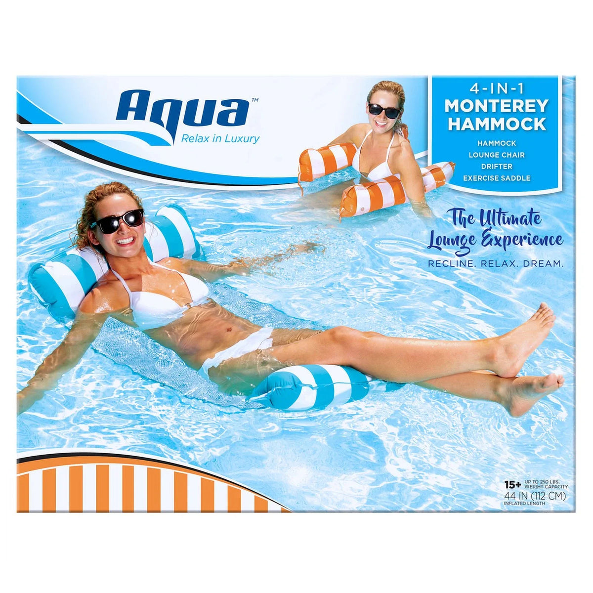 1 Pc, Aqua Sizewim Assorted Fabric/Mesh Inflatable 4-In-1 Monterey Hammock Pool Rest