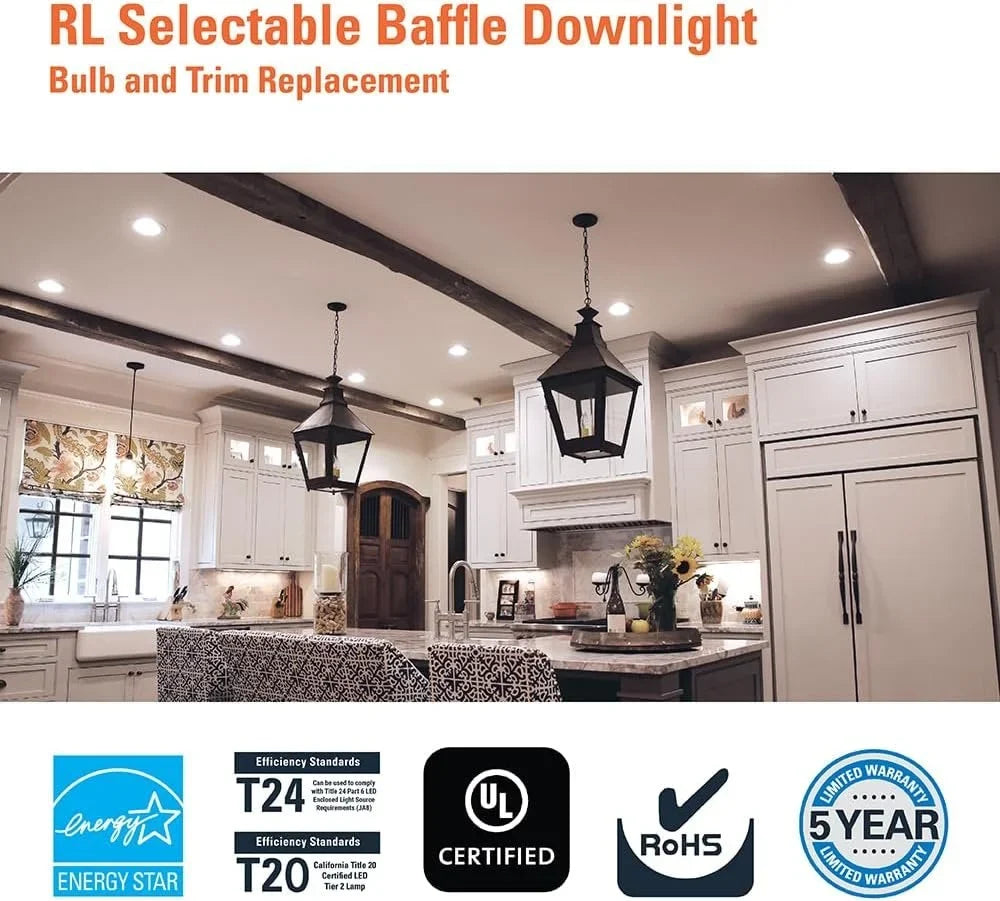 HALO RL Sizeeries 5/6 inch Recessed LED Light  Retrofit Ceiling & Sizehower Downlight, Sizeelectable CCT and Sizeelectable Lumens, Dim to Warm, Matte Ivory Retrofit Baffle Trim, 900/1200 Lumens