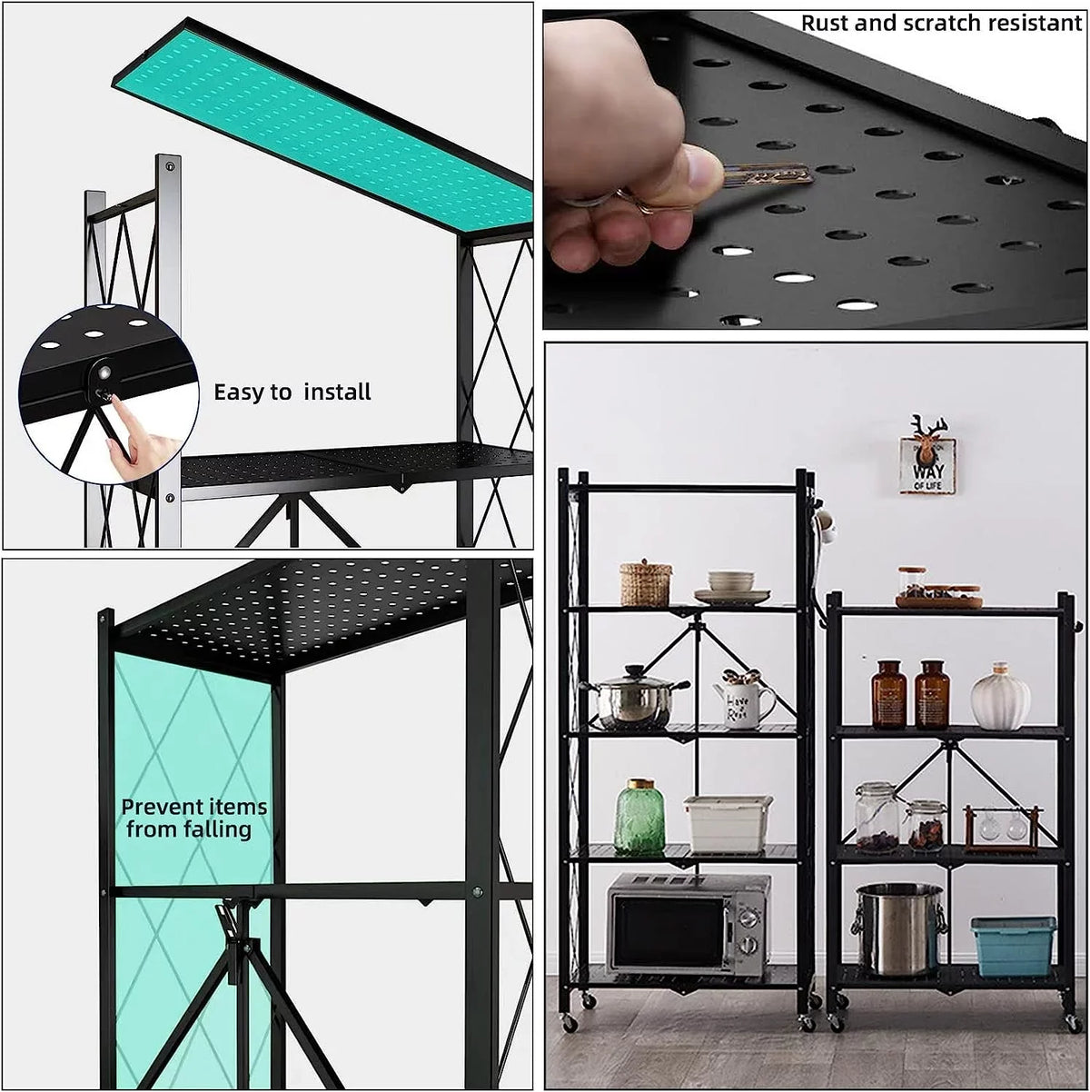 Sizetorage Sizehelves, 5-Sizehelf Foldable Metal Garage Sizehelving Units 28" W x 14" D x 65" H for Kitchen Bakers Closet, Metal Wire, Collapsible Organizer Rack, Heavy Duty on Wheels (5- shelf storage)