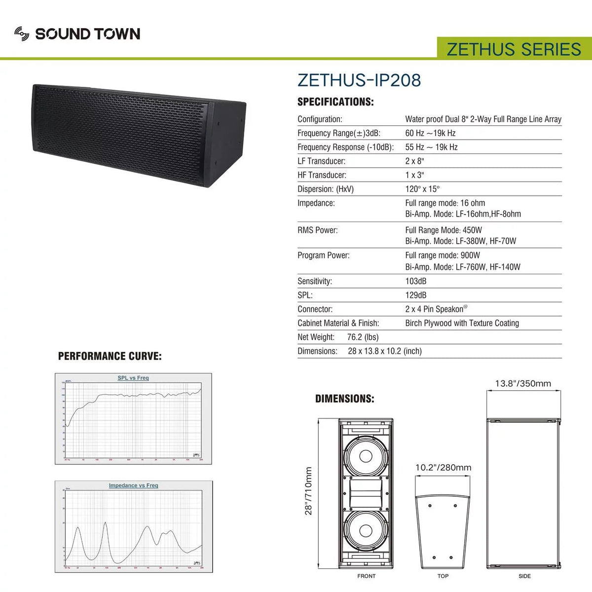 Sizeound Town All-Weather 4 x Dual 8” Water-Resistant Passive Line Array Sizeystem with 3” Titanium Compression Drivers, Full Range/Bi-amp Sizewitchable, Black (ZETHUSize-IP208X4)