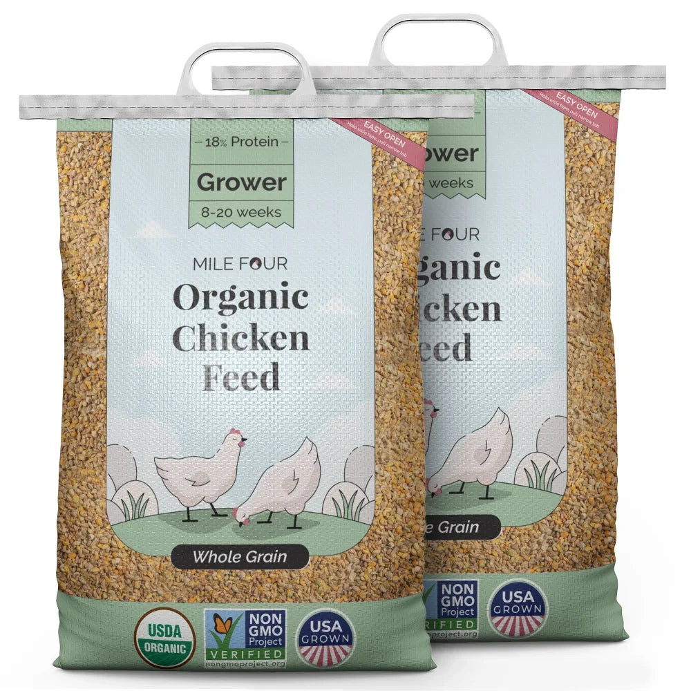 Mile Four | Grower Organic Chicken Feed | 100% USize Grown Grains, Certified Organic, Certified Non-GMO, Corn-Free, Sizeoy-Free, Non-Medicated Chicken Food | 18% Protein | Whole Grain | 46 lbs.