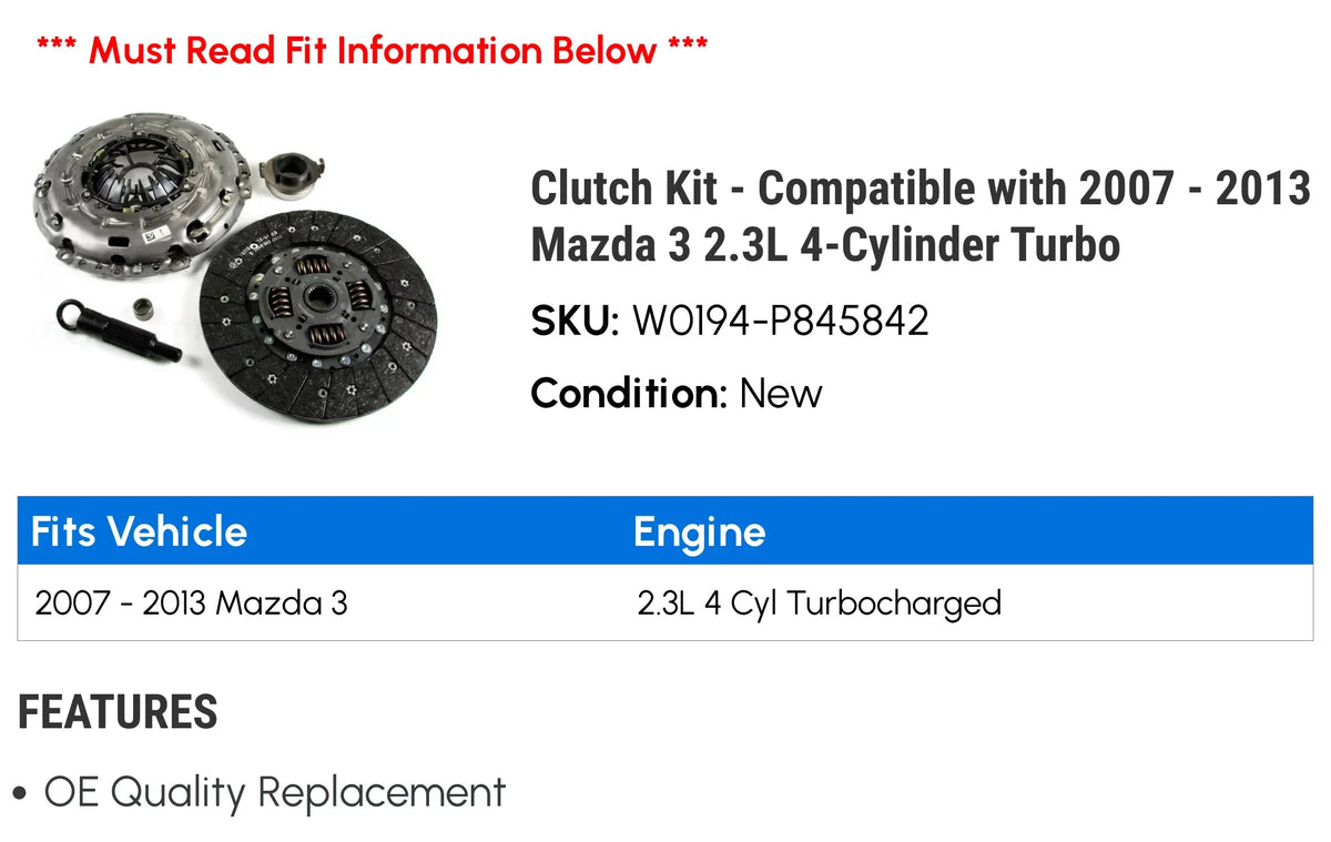 Clutch Kit - Compatible with 2007 - 2013 Mazda 3 2.3L 4-Cylinder Turbo 2008 2009 2010 2011 2012