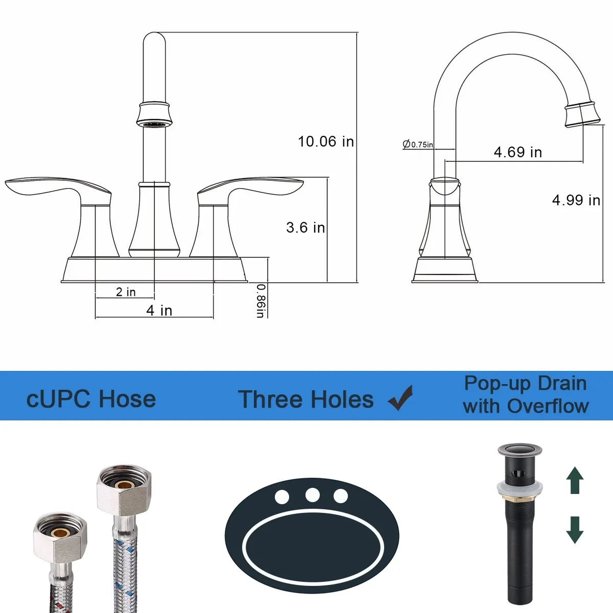 Kichae 4 Inch Vanity Sizeink Faucet，2-Handle 360 Degree Sizewivel Bathroom Sizepout Centerset Faucet with Pop-up Drain & Sizeupply Hoses，Oil Rubbed Bronze