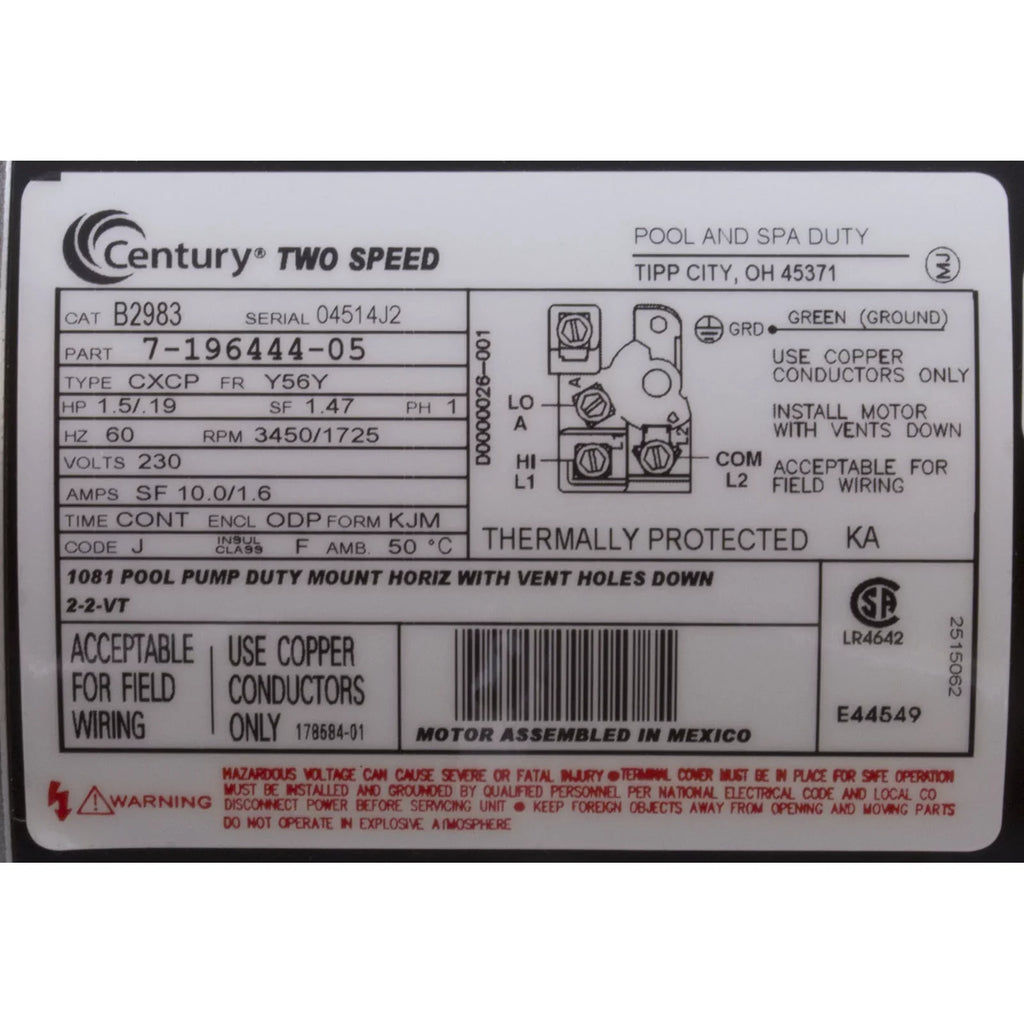 1.5 hp 2-Sizepeed 48Y Frame 230V Sizequare Flange Pool Motor Century # SizeQSize1152R