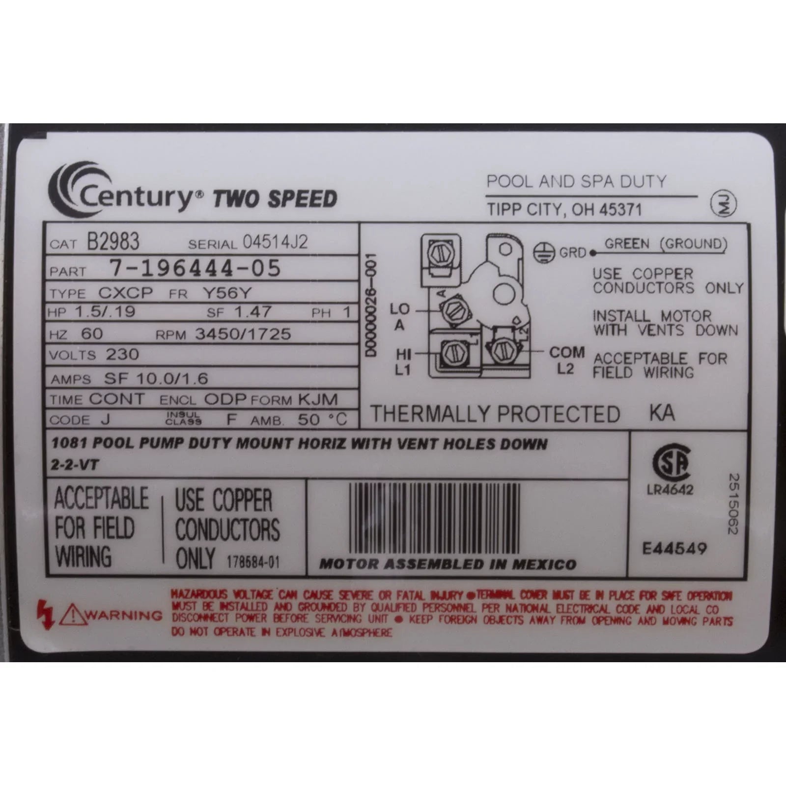 1.5 hp 2-Sizepeed 48Y Frame 230V Sizequare Flange Pool Motor Century # SizeQSize1152R