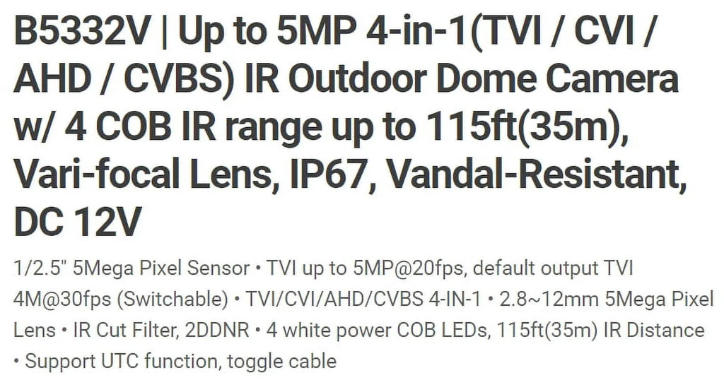Eyemax TIV B5332V-W HD-TVI 5MP IR Vandal DOME Camera 2.8-12mm, 4 COB IR LED 12V DC