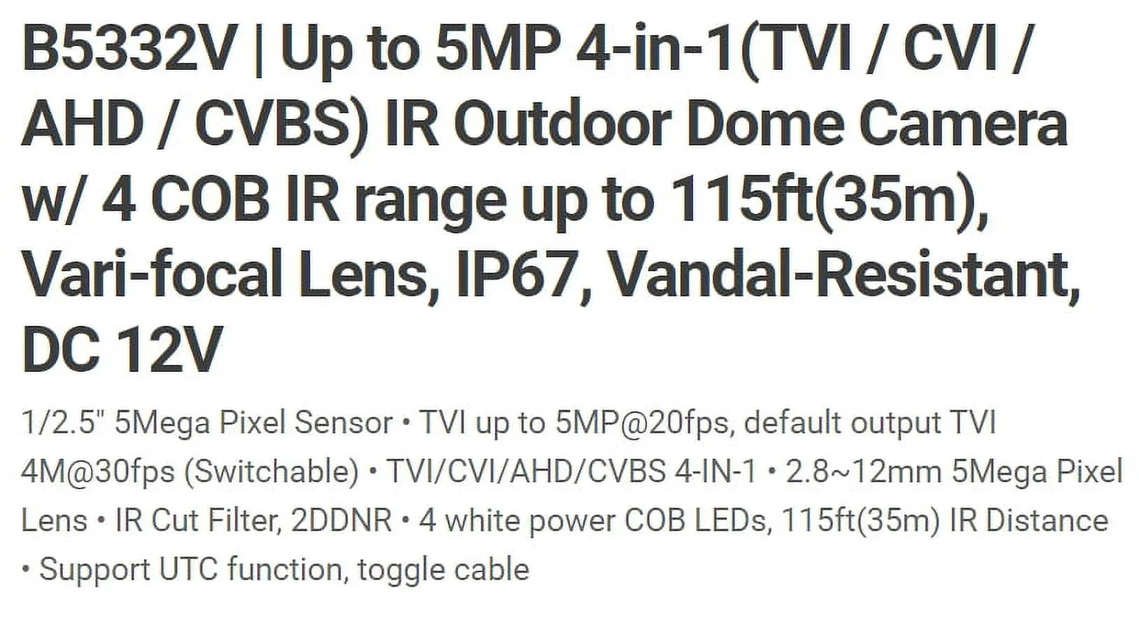 Eyemax TIV B5332V-W HD-TVI 5MP IR Vandal DOME Camera 2.8-12mm, 4 COB IR LED 12V DC