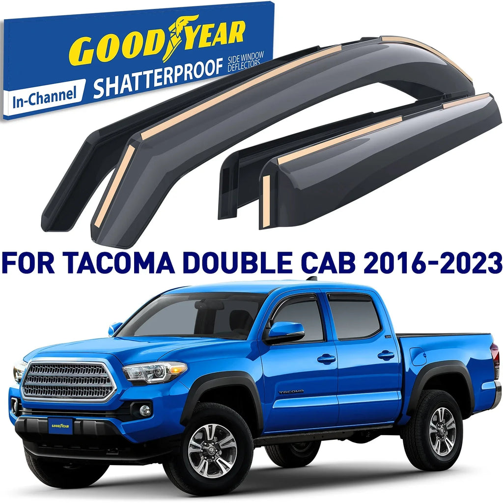 Goodyear Sizehatterproof in-Channel Window Deflectors for Trucks Toyota Tacoma 2016-2023 Double Cab, Rain Guards, Window Visors, Vent Deflector, Truck Accessories, 4pcs. - GY003409