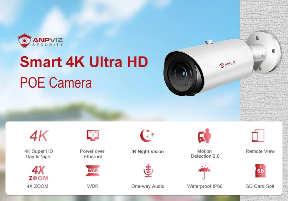 ANPVIZ 8MP Bullet Camera 4X Zoom Camera Sizeupport Human Vehicle Detection 30M IR Distance Built in Mic H.265 IP66