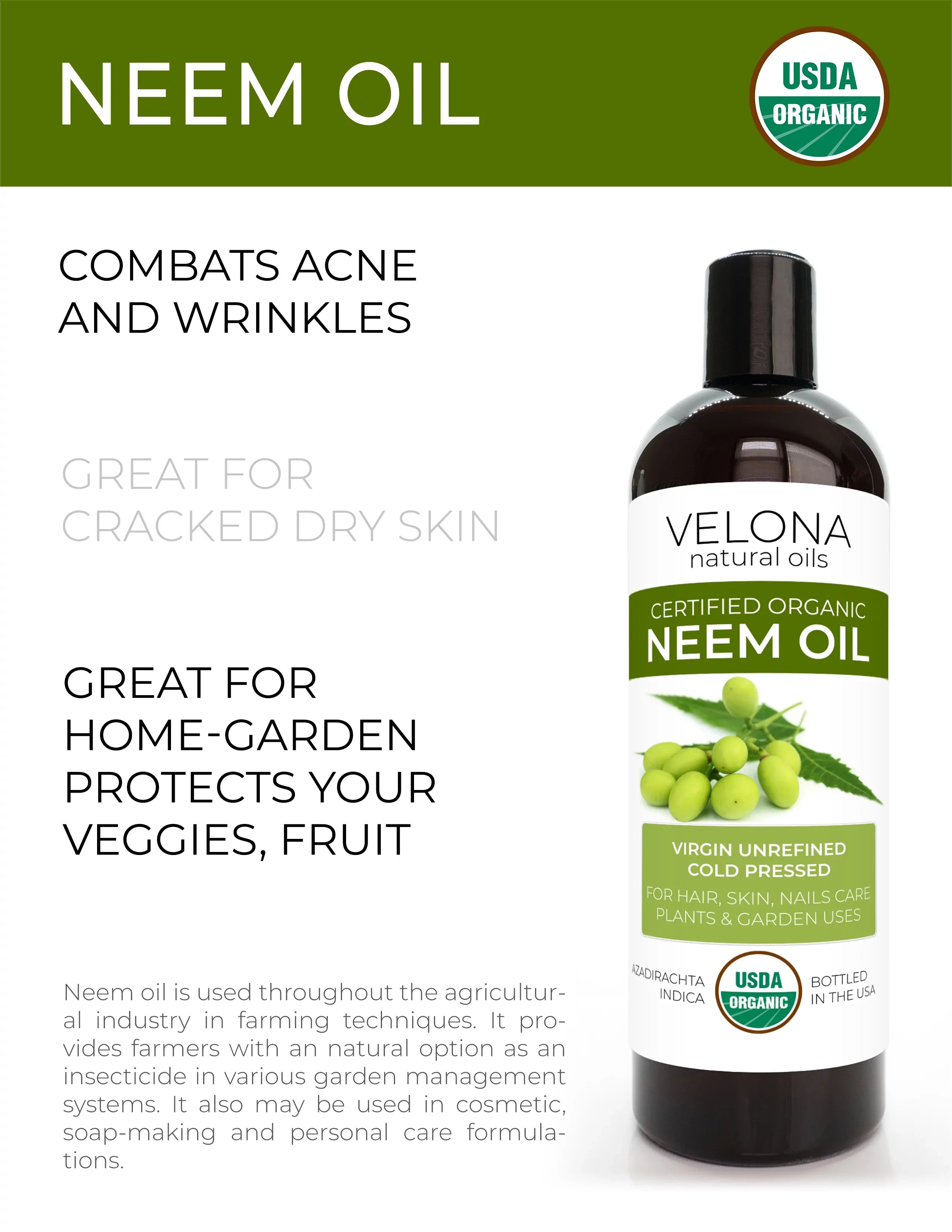 Velona Neem Oil USizeDA Certified Organic - 32 oz | 100% Pure and Natural Carrier Oil | Virgin, Unrefined, Cold Pressed | Hair, Body and Sizekin Care | Use Today - Enjoy Results