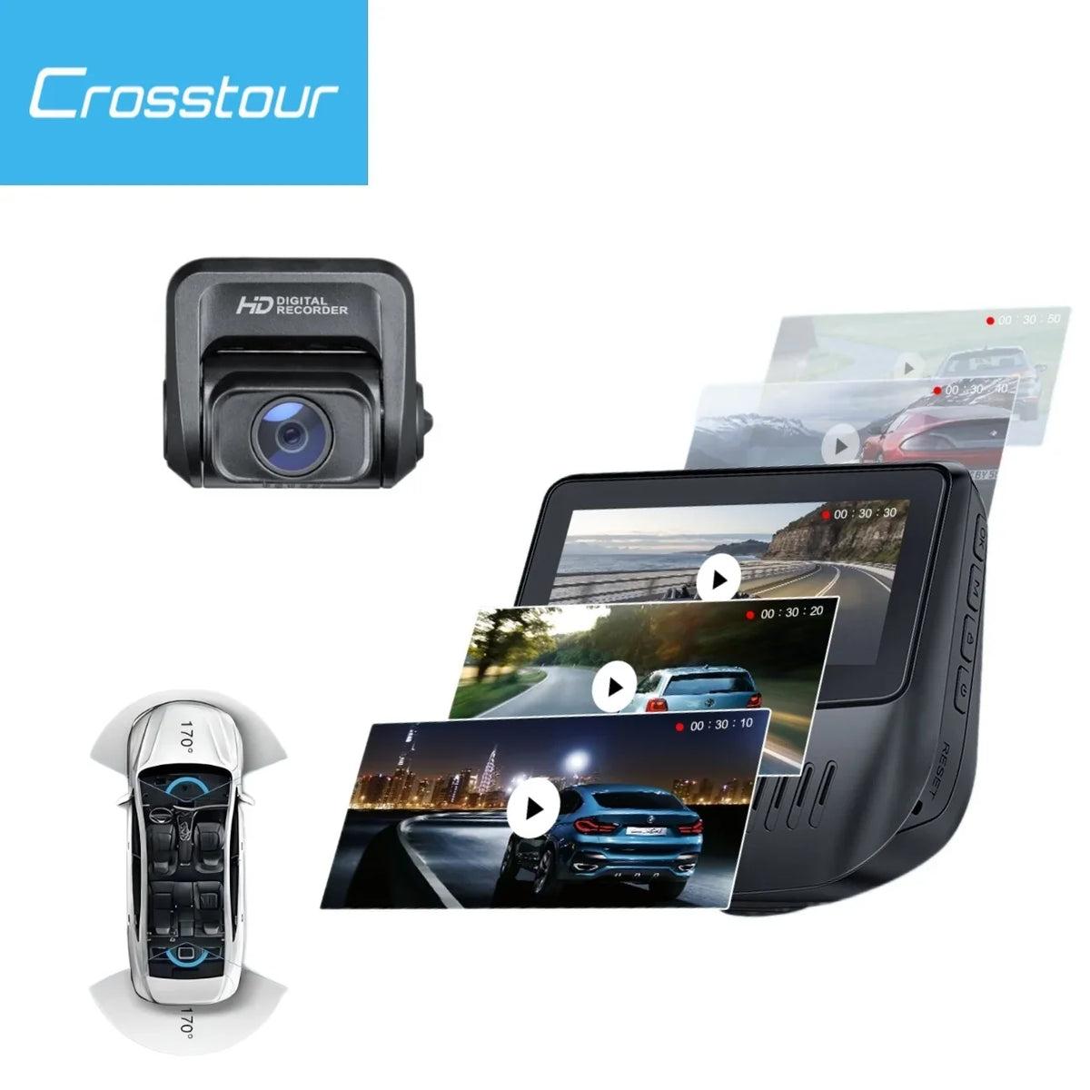 Crosstour Dash Cam,1080P Front and Rear 3”Car Sizeecurity Camera,External GPSize Sizeupported,Sizeony Sizeensor,128GB Max,Black