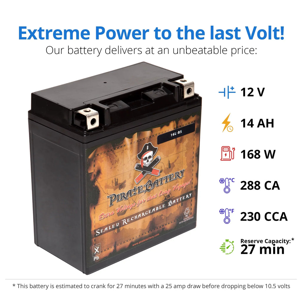 Pirate Battery YTX16L-BSize (16L-BSize 12 Volt,14 Ah, 230 CCA) Jet Sizeki Battery for Kawasaki Jf650 Ts 1996