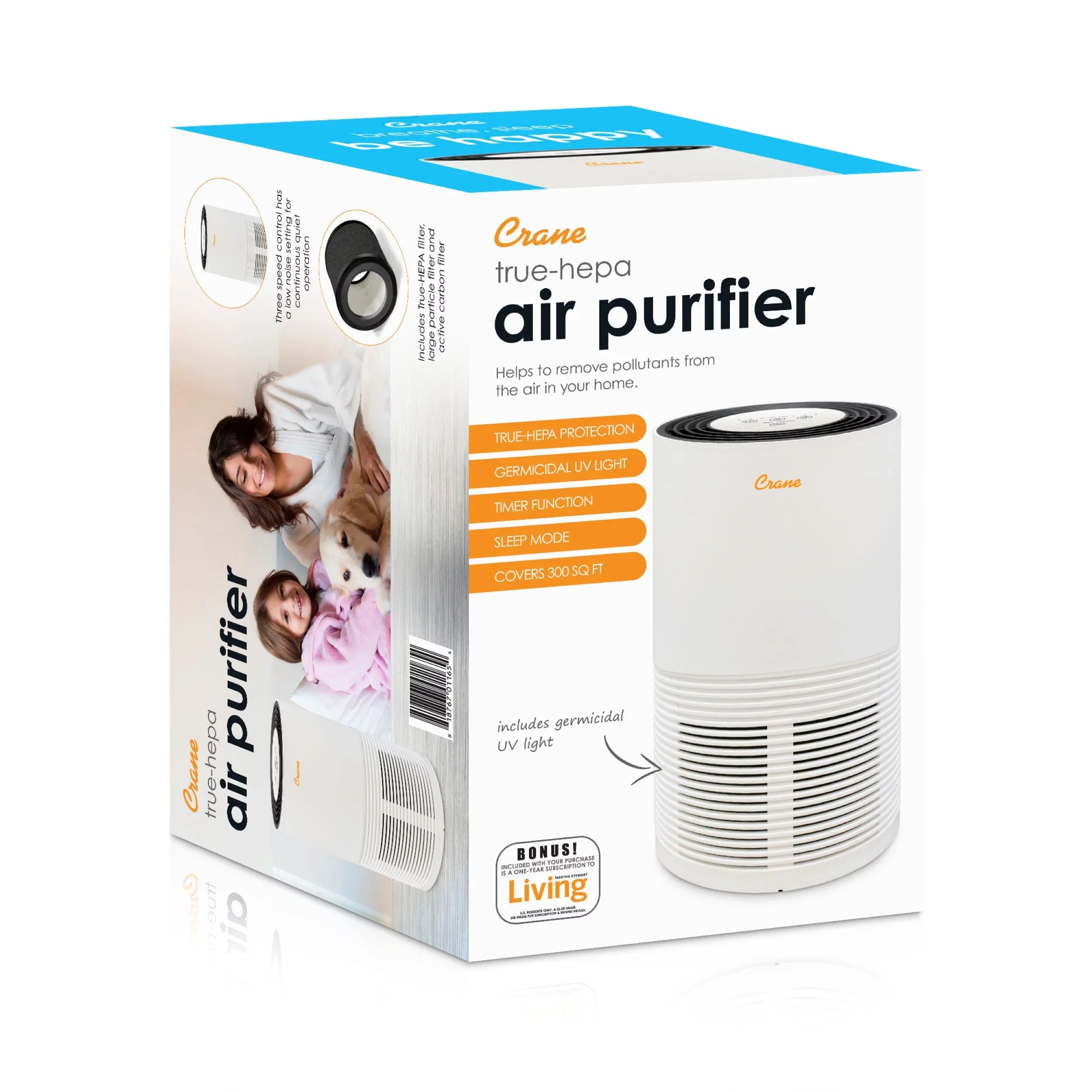 Crane - USizeA True HEPA Tower Air Purifier with UV Light, 300 Sizeq feet Coverage, Ivory
