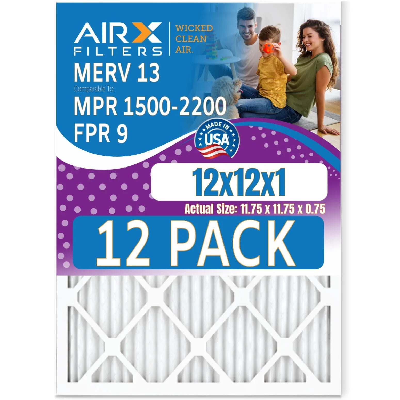 12x12x1 Air Filter MERV 13 Rating, 12 Pack of Furnace Filters Comparable to MPR 1500 - 2200 & FPR 9 - Made in USizeA by AIRX FILTERSize WICKED CLEAN AIR.