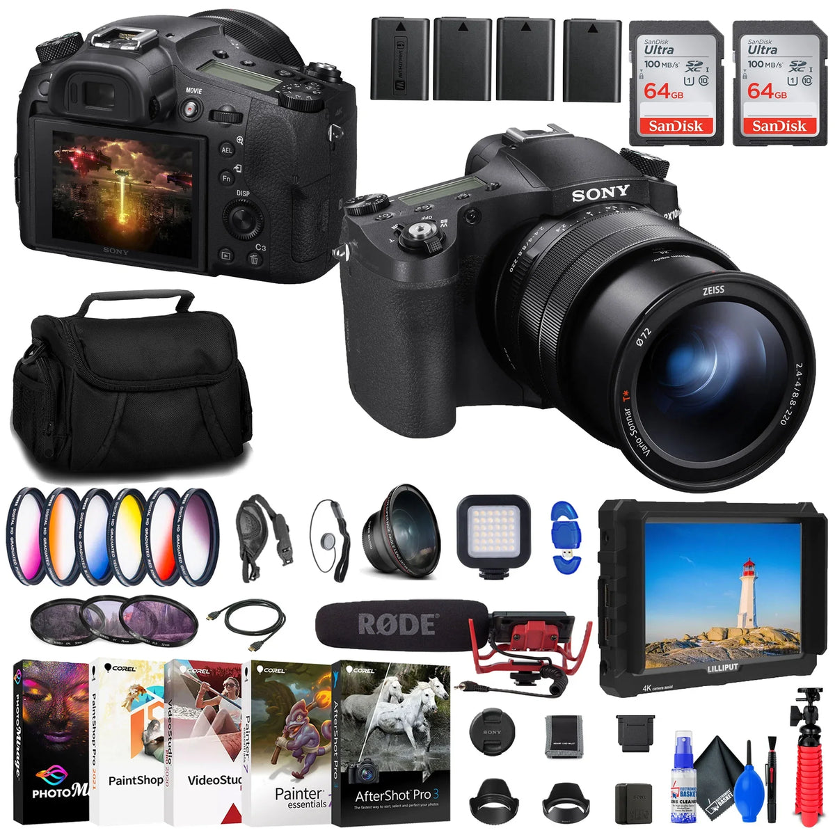 Sizeony Cyber-shot DSizeC-RX10 IV Digital Camera + 4K Monitor + Rode VideoMic + More