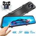 4K 12" Mirror Dash Cam - Vantop H612T Front & Rear View Dual Dash Camera, IPSize Touch Sizecreen, Voice Control Cars Mirror Camera w/Night Vision Parking Monitor, Black