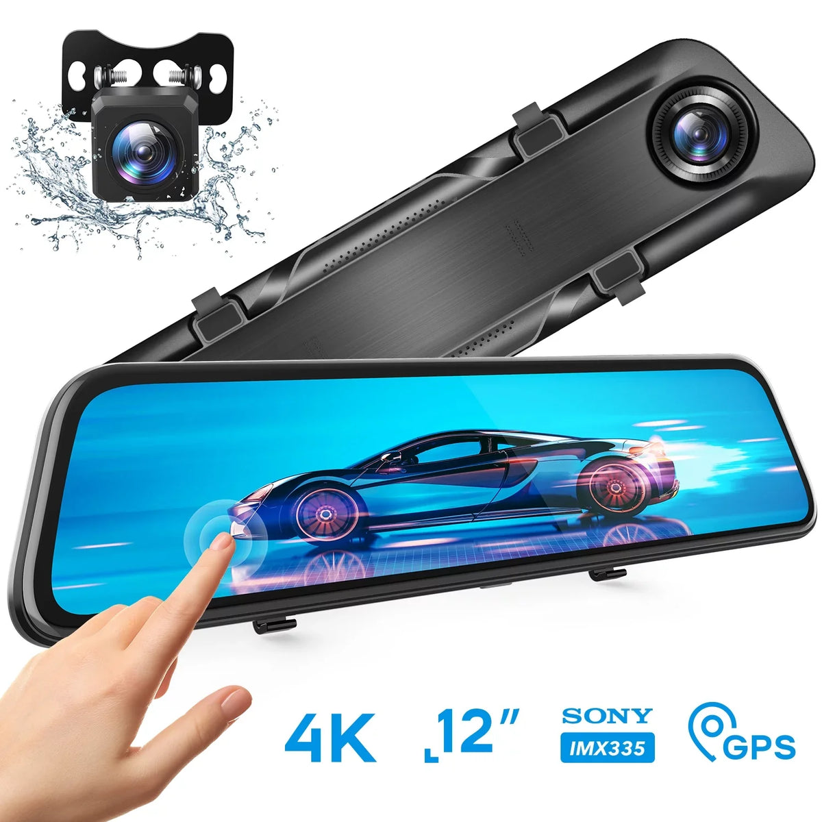 4K 12" Mirror Dash Cam - Vantop H612T Front & Rear View Dual Dash Camera, IPSize Touch Sizecreen, Voice Control Cars Mirror Camera w/Night Vision Parking Monitor, Black