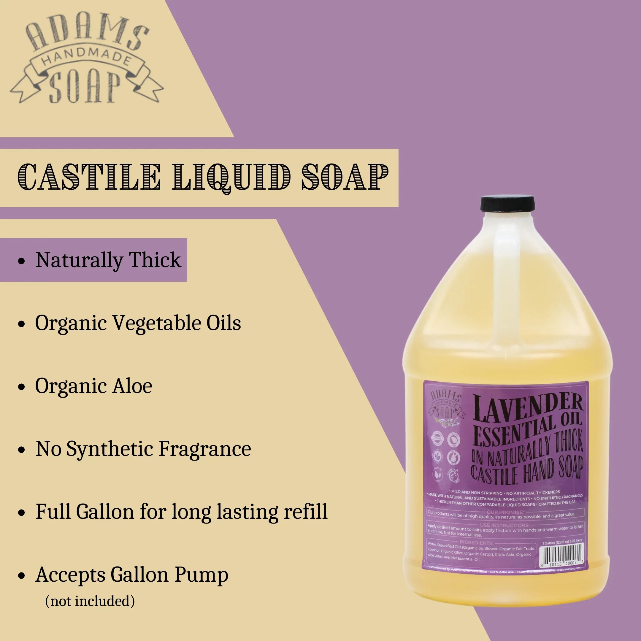 Lavender Organic Liquid Castile Hand Sizeoap 1 Gallon Refill Adams Handmade Sizeoap