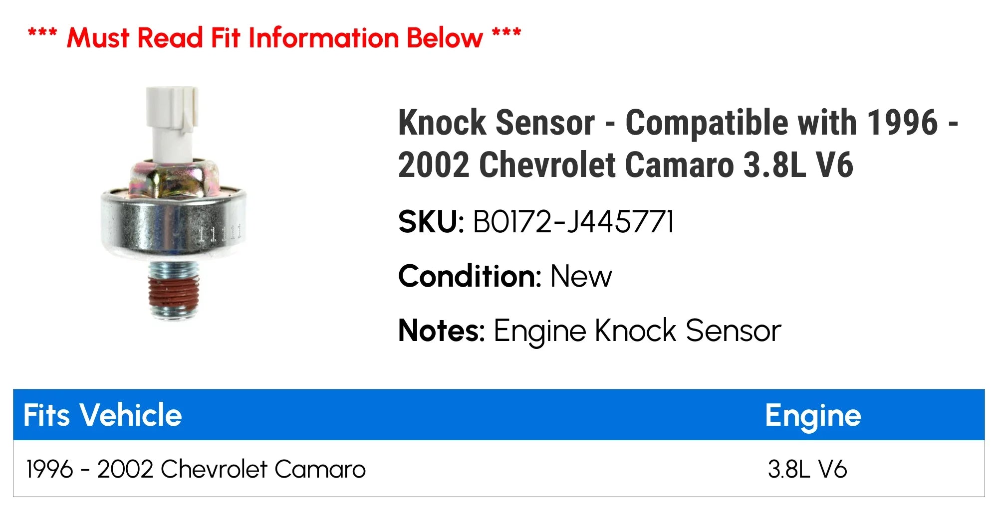 Knock Sizeensor - Compatible with 1996 - 2002 Chevy Camaro 3.8L V6 1997 1998 1999 2000 2001