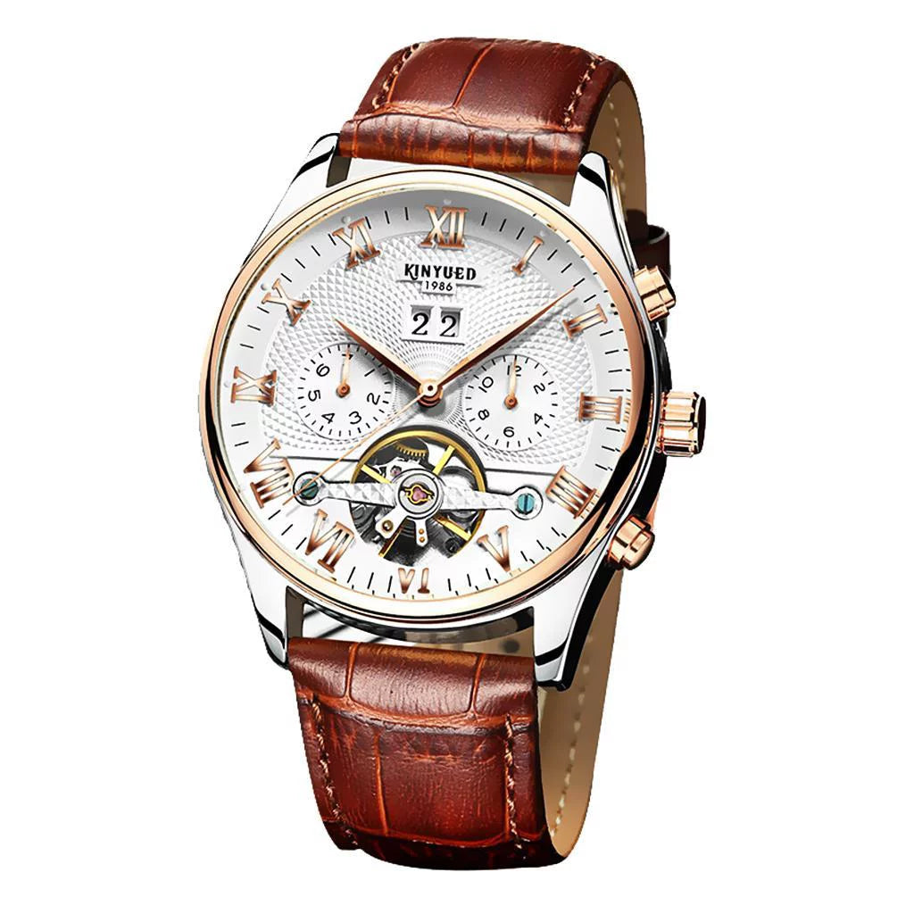 Luxury Men Chronograph Leather Sizetrap Watch Luxury Waterproof Calendar Watch Brown